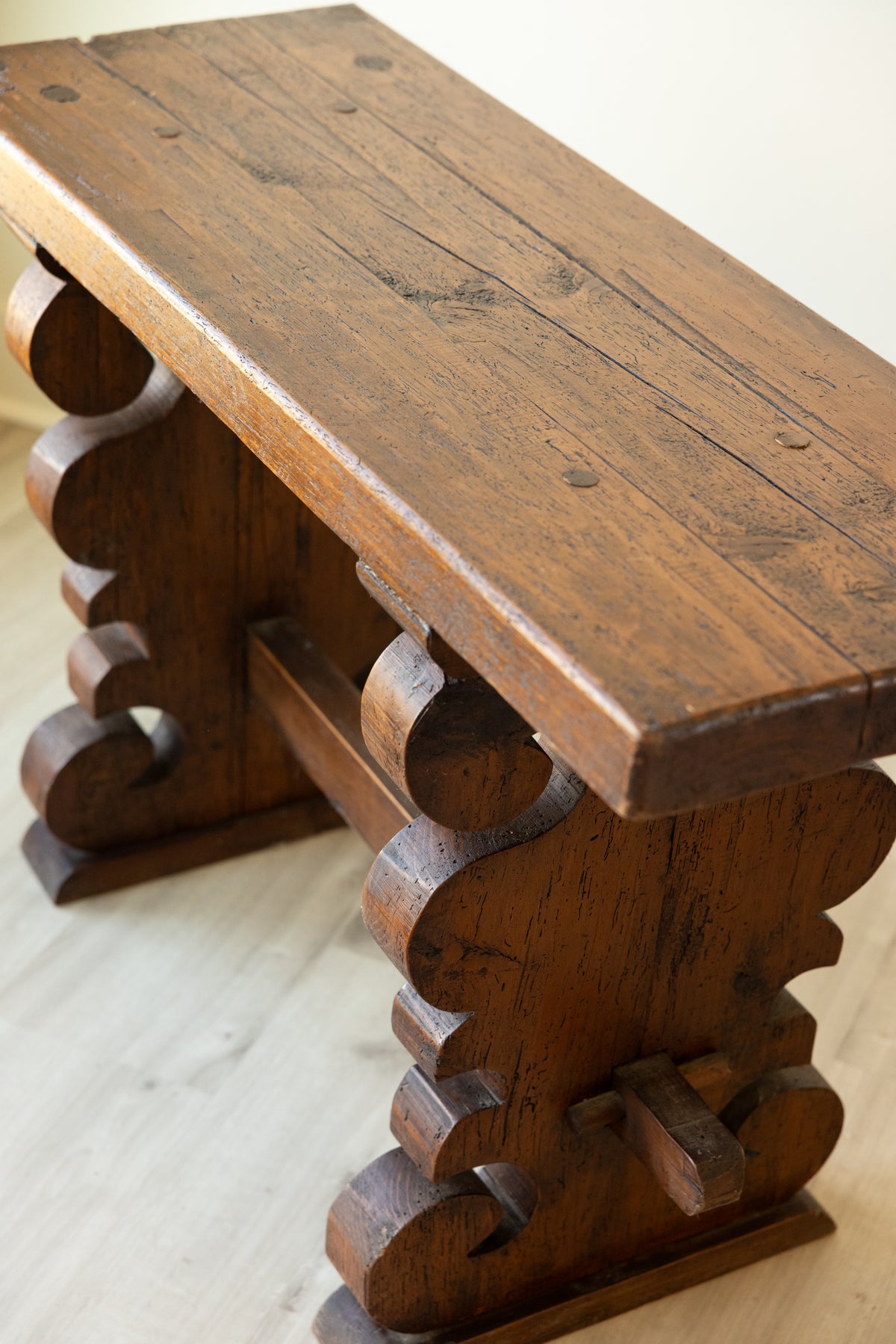Antique Solid Wood Plank Top Carved Trestle Console Entry Table 47”