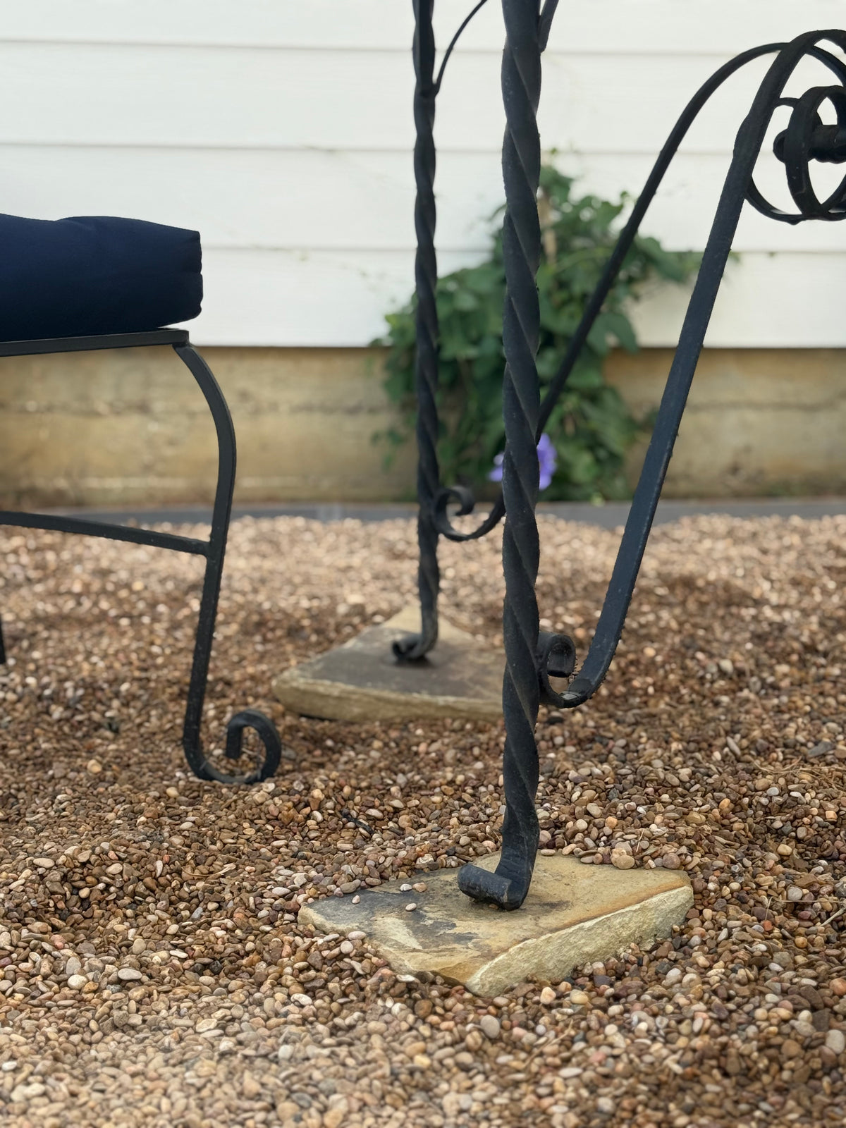 Vintage Blue & White Tile Top Bistro Set | Handcrafted Wrought Iron Patio Dining Set | 30” Square Table with 4 Scroll Chairs