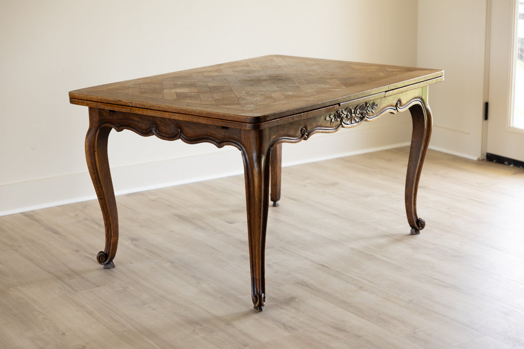 Antique French Provincial Draw Leaf Dining Table | Solid Oak Parquet Top | Louis XV Carved Extendable Farmhouse Table | Seats 4–8