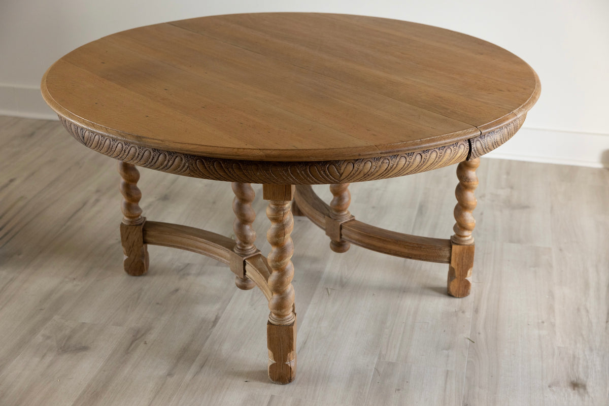 Antique Round Oak Dining Table | 54” Barley Twist Dining Table | Carved European Farmhouse Table