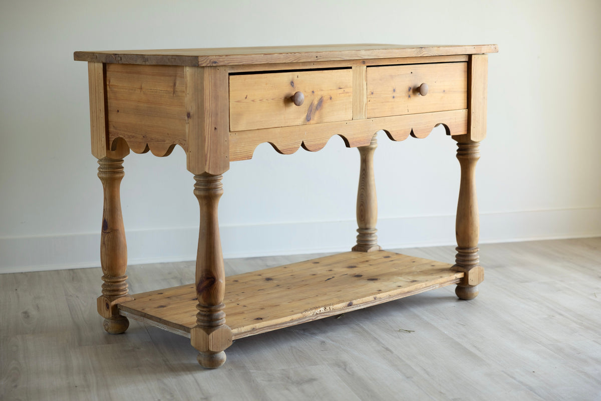 Vintage Pine Work Table | Farmhouse Kitchen Prep Island Table | Pine Potboard Table | European Farmhouse Console Table 37.5” Tall
