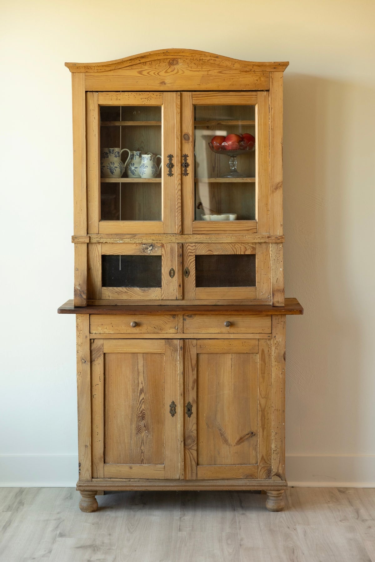 Antique German Pine Glass Front Cupboard | European Farmhouse Hutch | Primitive Pine Cabinet