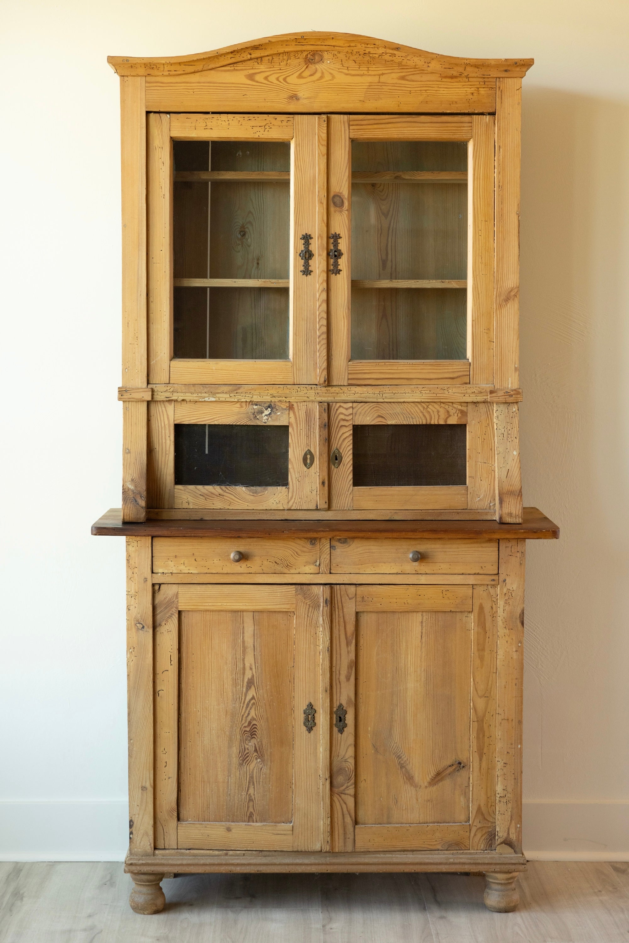 Antique German Pine Glass Front Cupboard | European Farmhouse Hutch | Primitive Pine Cabinet