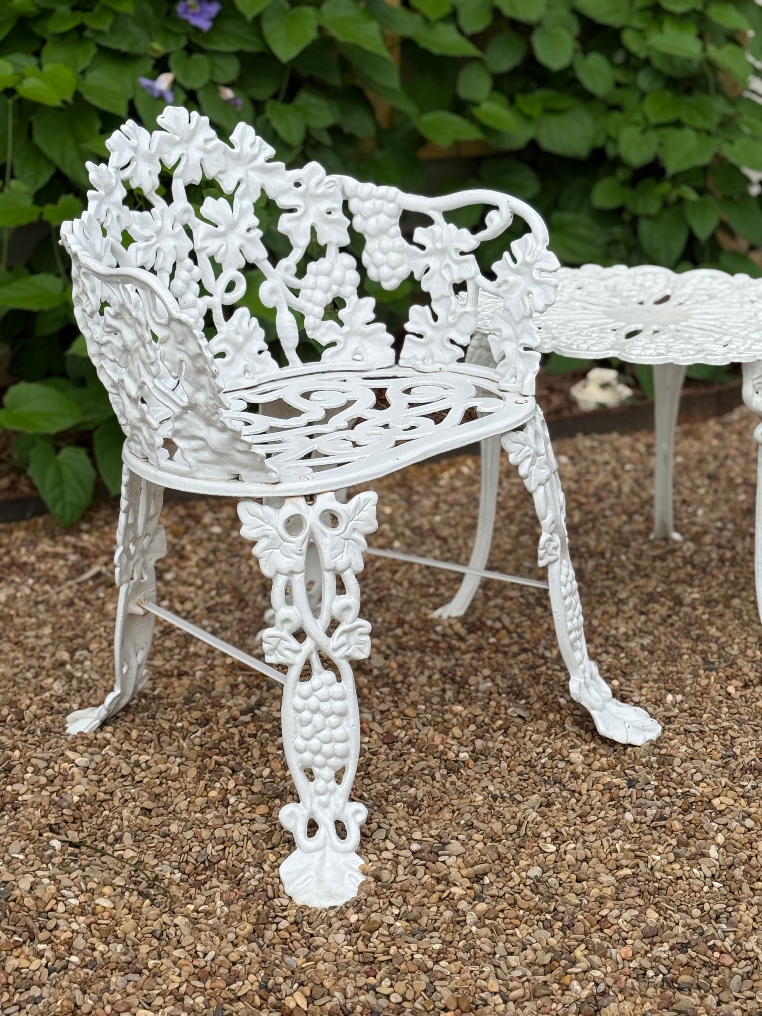 Antique Cast Iron Grapevine Bistro Set | Victorian Garden Table & Two Chairs | White Patio Furniture | French Country Outdoor Seating