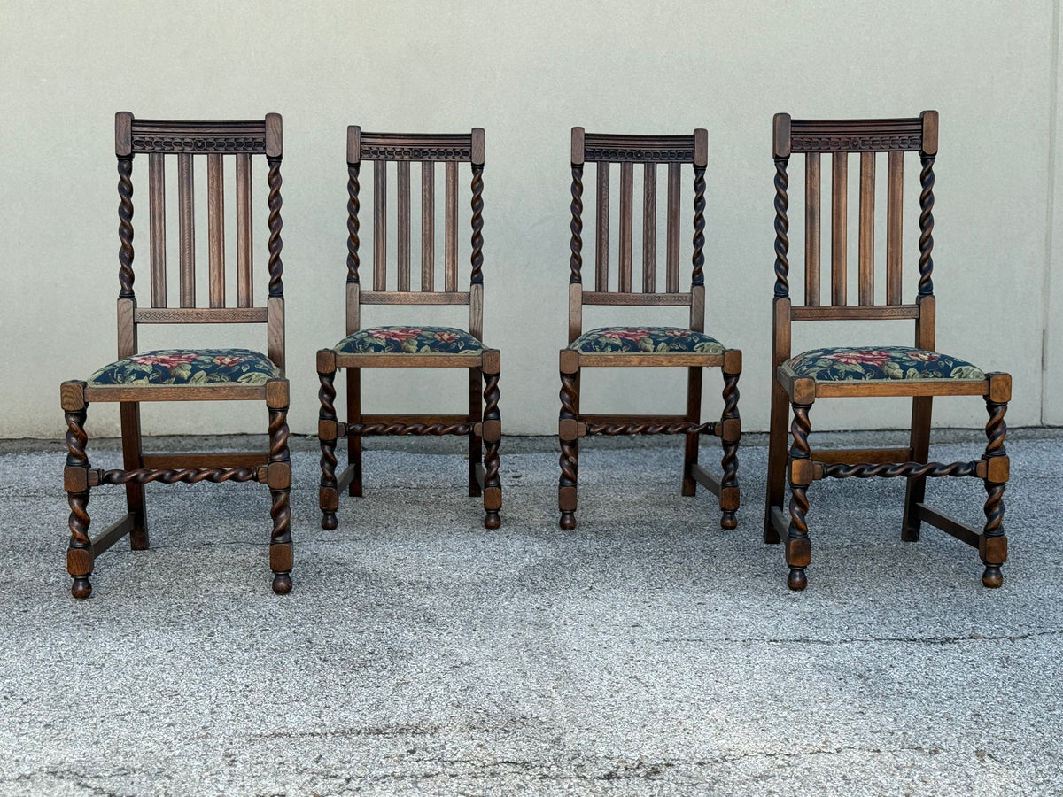 Set of 4 Antique Barley Twist Hand Carved Dining Chairs