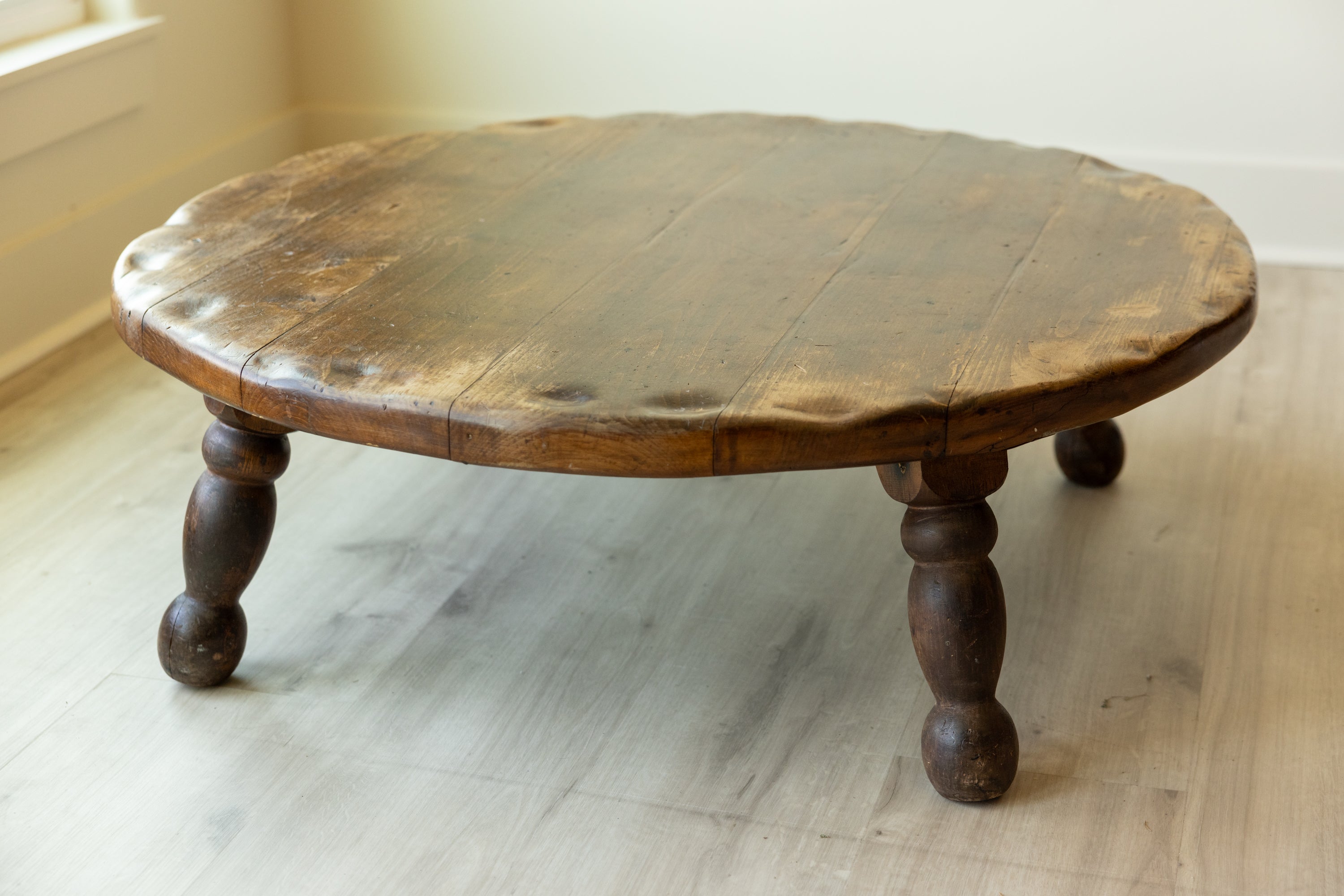 Antique Primitive Round Coffee Table | 42” Rustic Farmhouse Low Table | Hand Hewn Wood Table