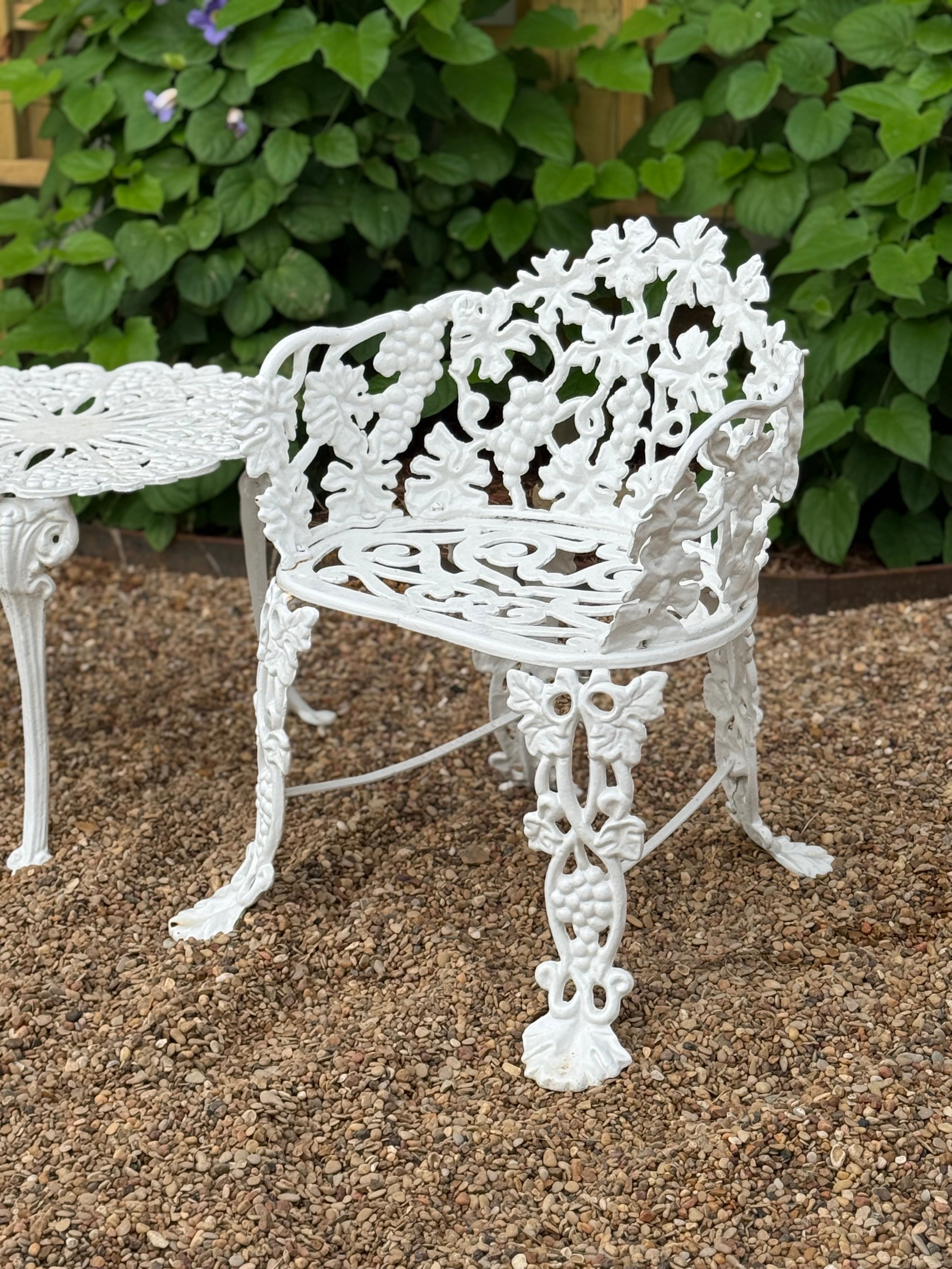 Antique Cast Iron Grapevine Bistro Set | Victorian Garden Table & Two Chairs | White Patio Furniture | French Country Outdoor Seating
