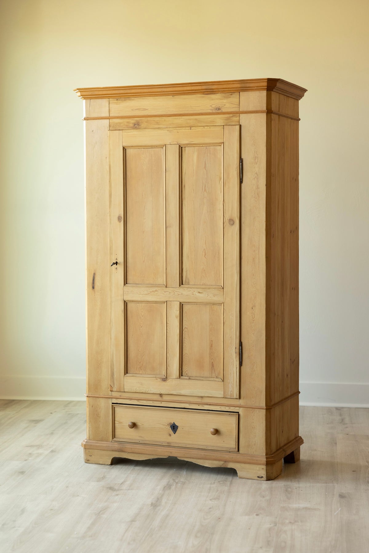 Antique European Pine Wardrobe | Solid Wood Linen Press Cabinet | English Country Armoire | Farmhouse Storage Cabinet with Drawer