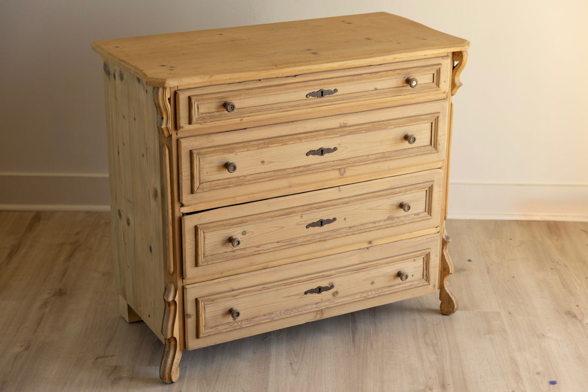 Antique European Pine Chest of Drawers | 19th Century Dresser | Raw Pine Four Drawer Chest | European Farmhouse Furniture