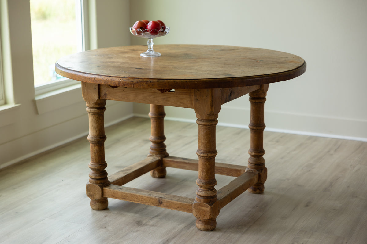 Antique English Pine Dining Table | 51” Round Farmhouse Kitchen Table | Rustic European Country Table
