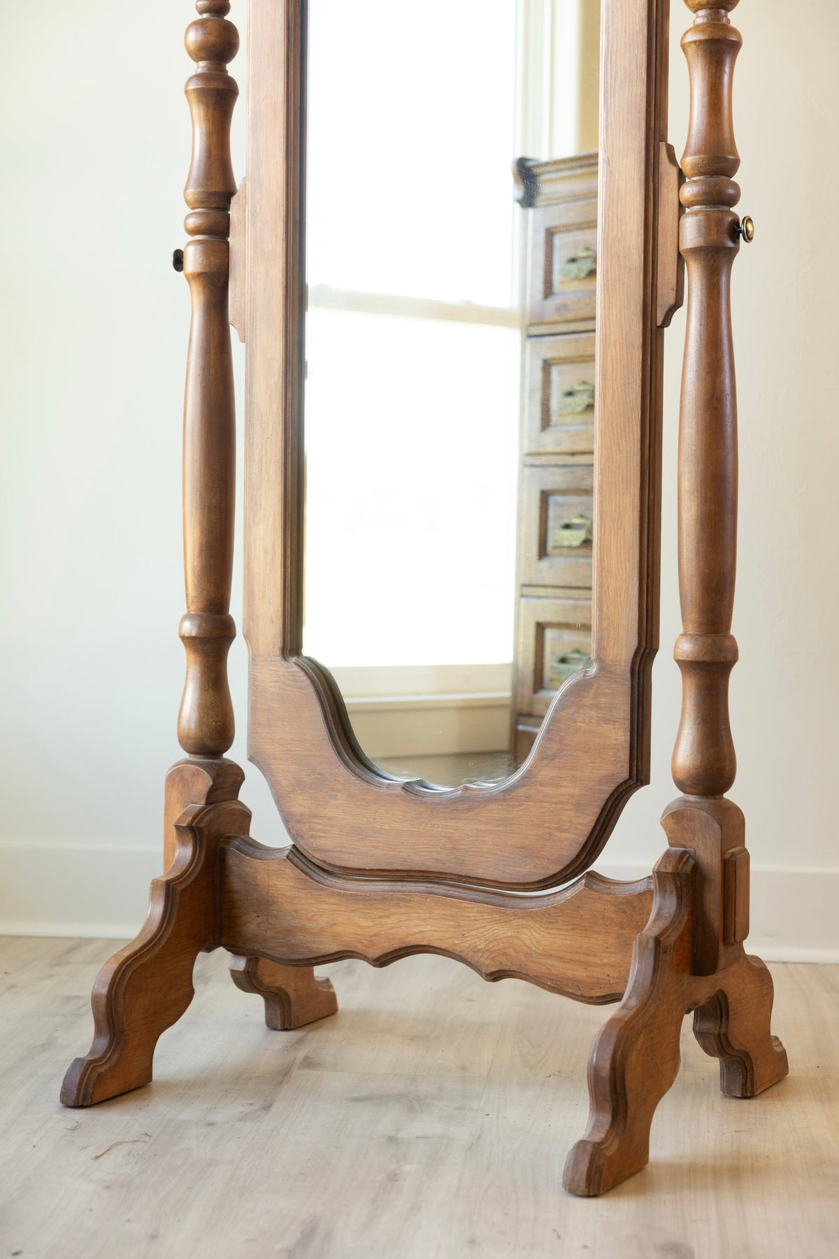 Vintage Wood Cheval Mirror with Scalloped Frame