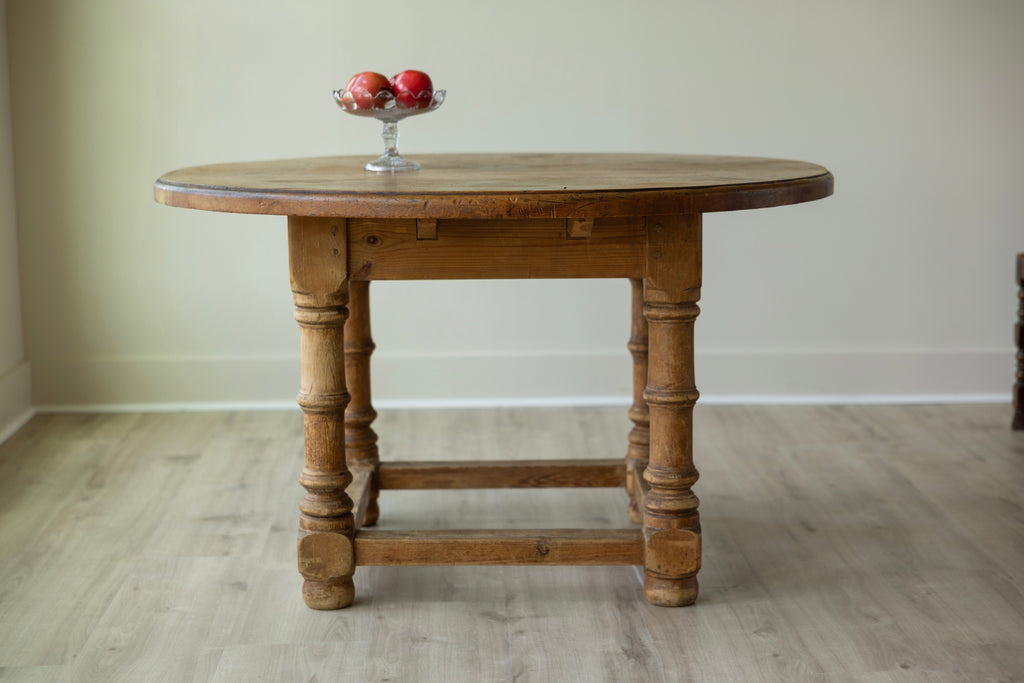 Antique English Pine Dining Table | 51” Round Farmhouse Kitchen Table | Rustic European Country Table