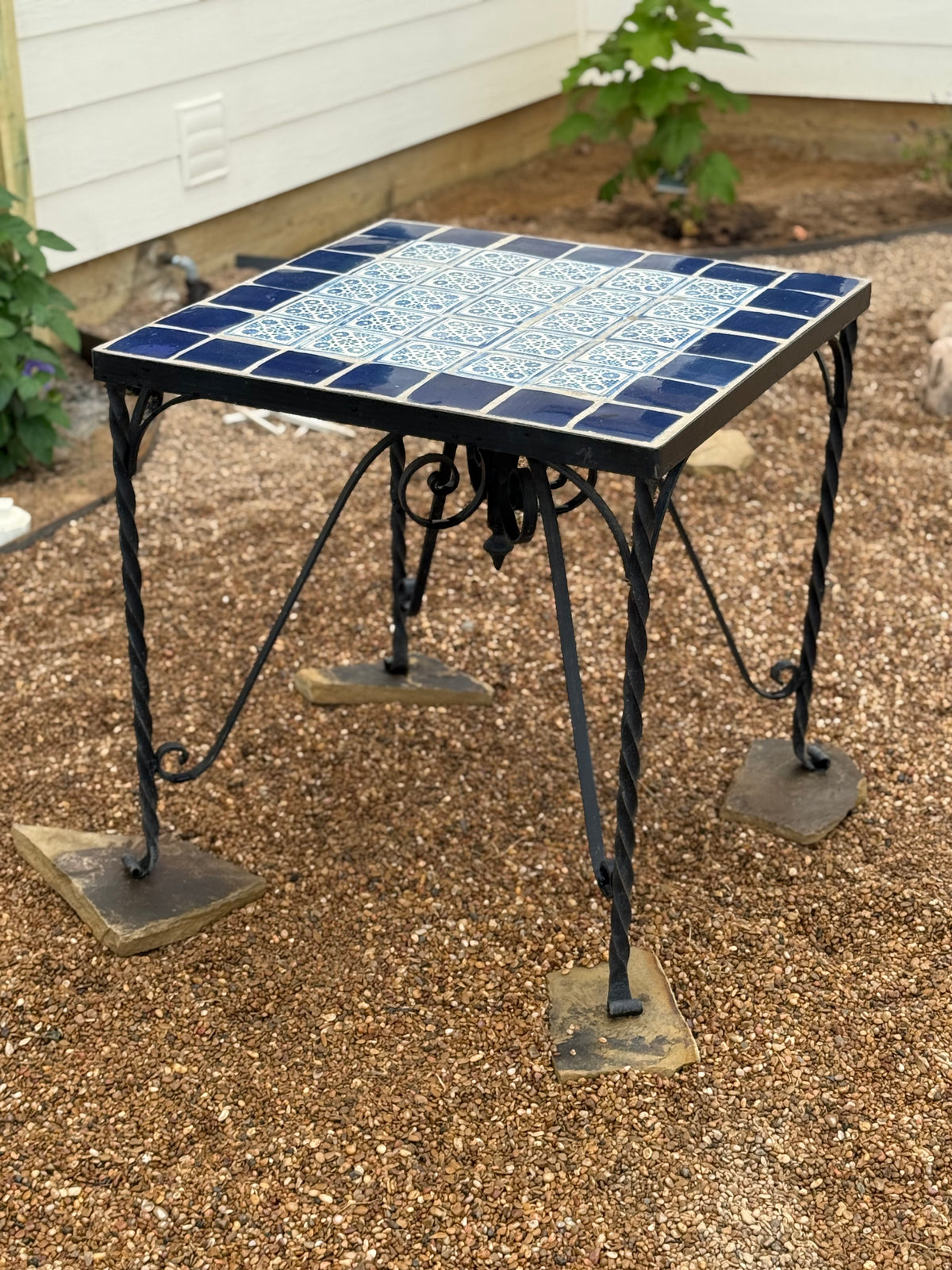 Vintage Blue & White Tile Top Bistro Set | Handcrafted Wrought Iron Patio Dining Set | 30” Square Table with 4 Scroll Chairs
