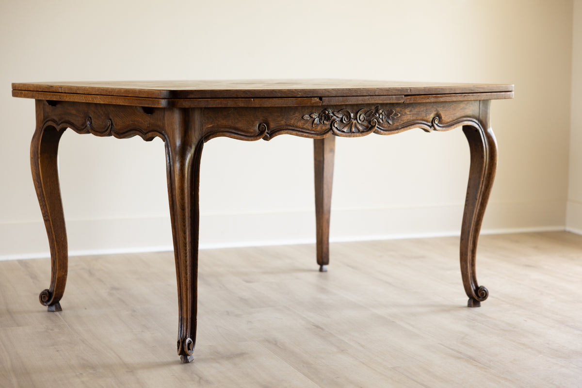 Antique French Provincial Draw Leaf Dining Table | Solid Oak Parquet Top | Louis XV Carved Extendable Farmhouse Table | Seats 4–8