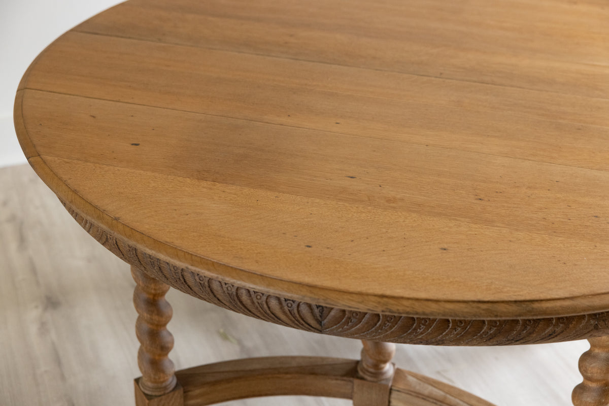 Antique Round Oak Dining Table | 54” Barley Twist Dining Table | Carved European Farmhouse Table