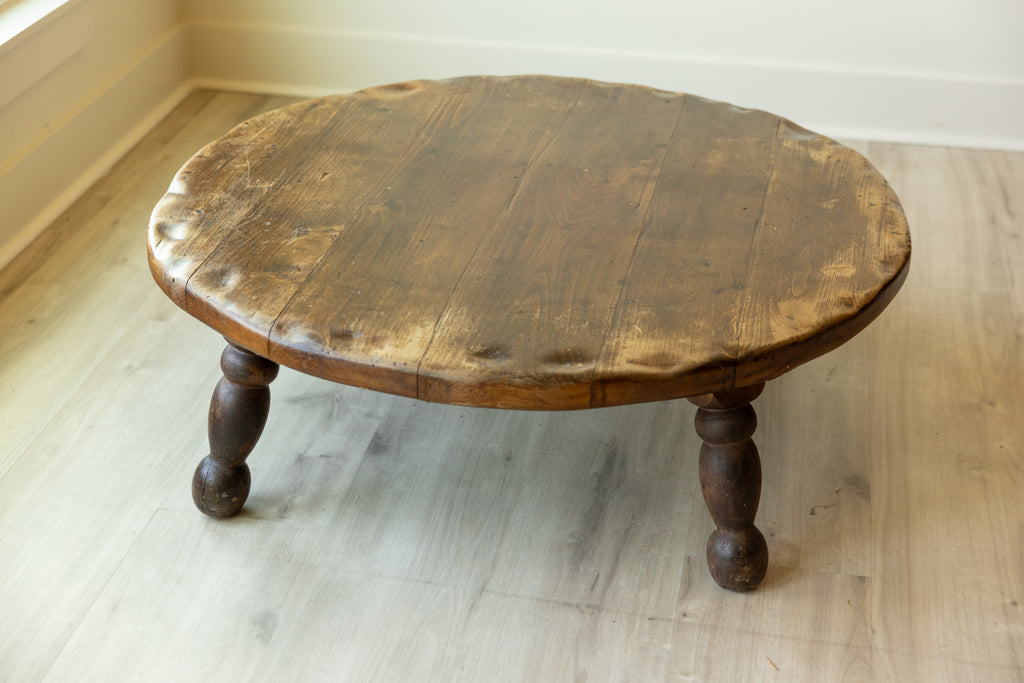 Antique Primitive Round Coffee Table | 42” Rustic Farmhouse Low Table | Hand Hewn Wood Table