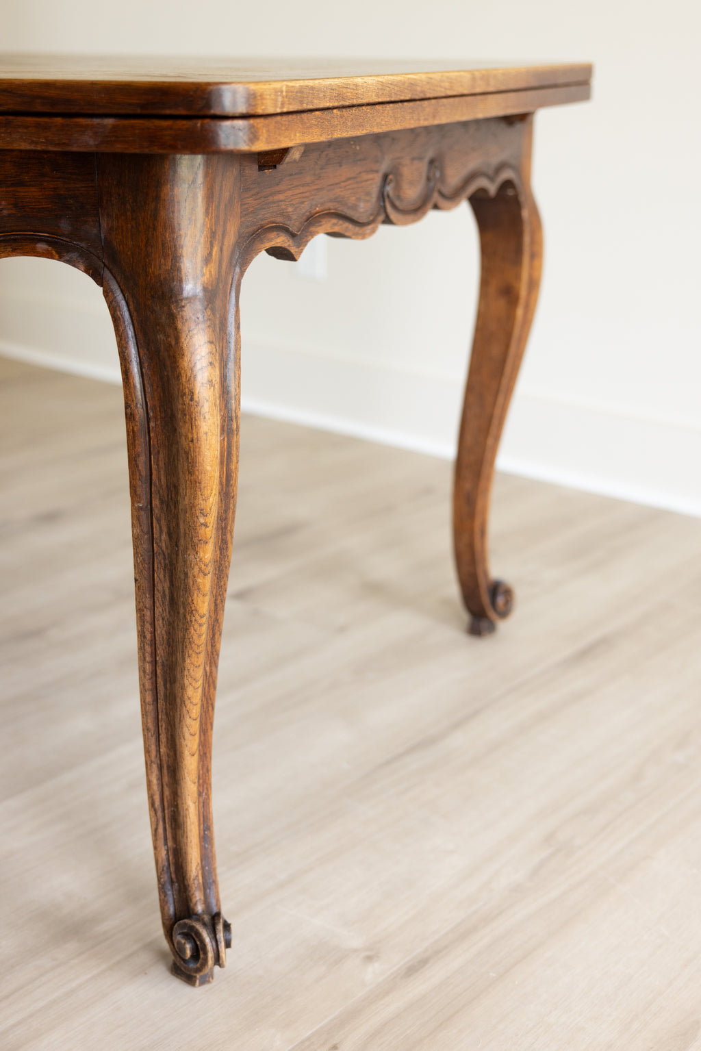 Antique French Provincial Draw Leaf Dining Table | Solid Oak Parquet Top | Louis XV Carved Extendable Farmhouse Table | Seats 4–8