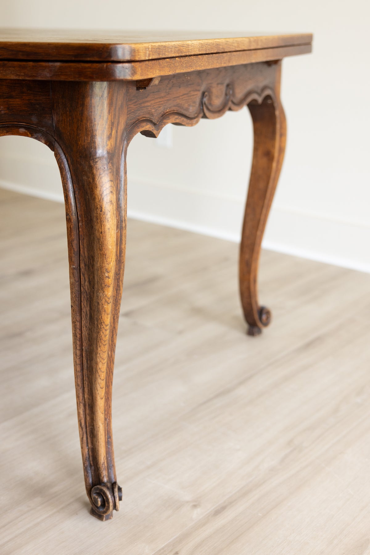 Antique French Provincial Draw Leaf Dining Table | Solid Oak Parquet Top | Louis XV Carved Extendable Farmhouse Table | Seats 4–8
