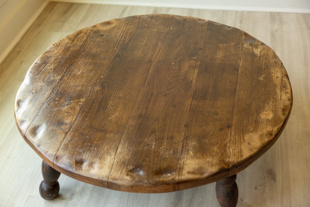 Antique Primitive Round Coffee Table | 42” Rustic Farmhouse Low Table | Hand Hewn Wood Table