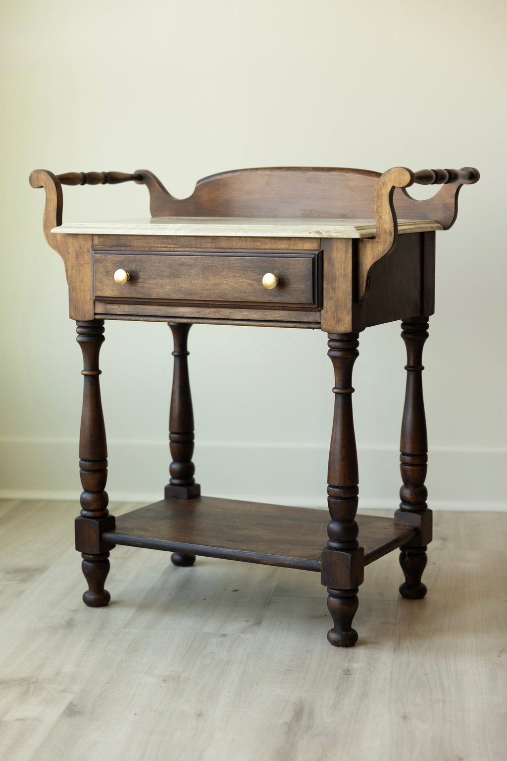 Antique Marble Top Washstand | Petite Victorian Side Table | European Farmhouse Bedside Table | Turned Leg Server