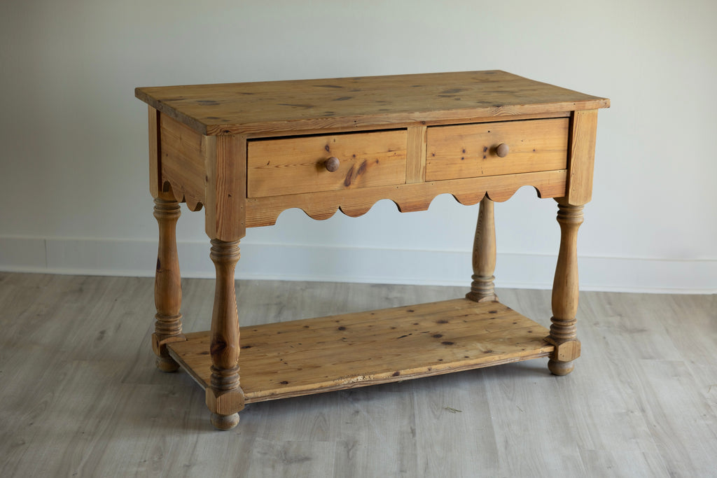 Vintage Pine Work Table | Farmhouse Kitchen Prep Island Table | Pine Potboard Table | European Farmhouse Console Table 37.5” Tall