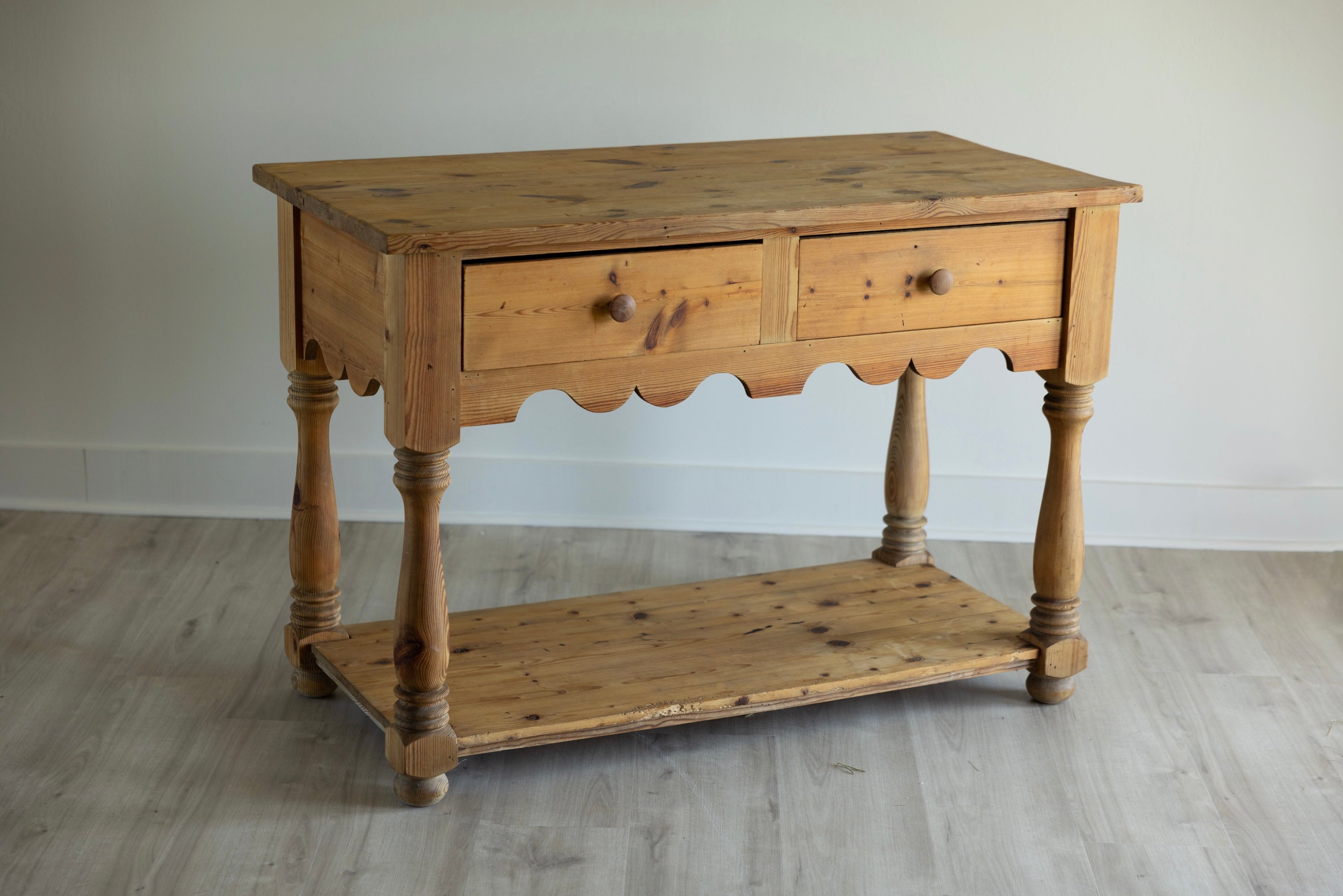 Vintage Pine Work Table | Farmhouse Kitchen Prep Island Table | Pine Potboard Table | European Farmhouse Console Table 37.5” Tall