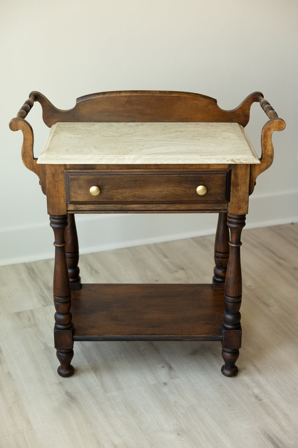 Antique Marble Top Washstand | Petite Victorian Side Table | European Farmhouse Bedside Table | Turned Leg Server