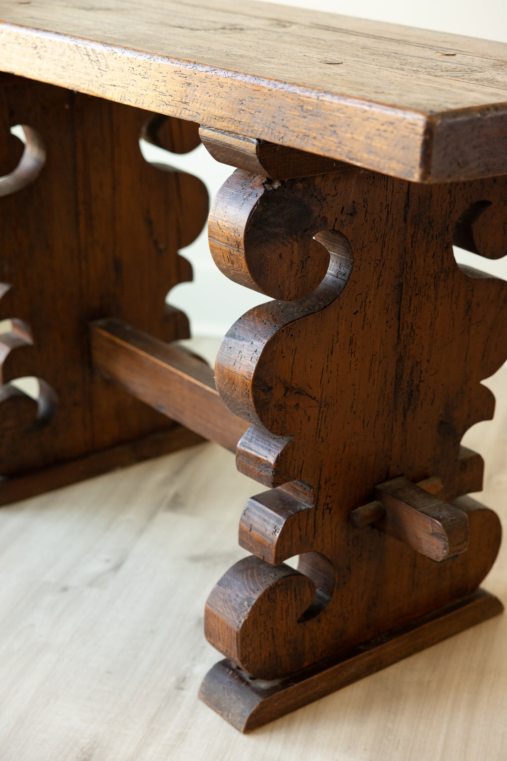 Antique Solid Wood Plank Top Carved Trestle Console Entry Table 47”