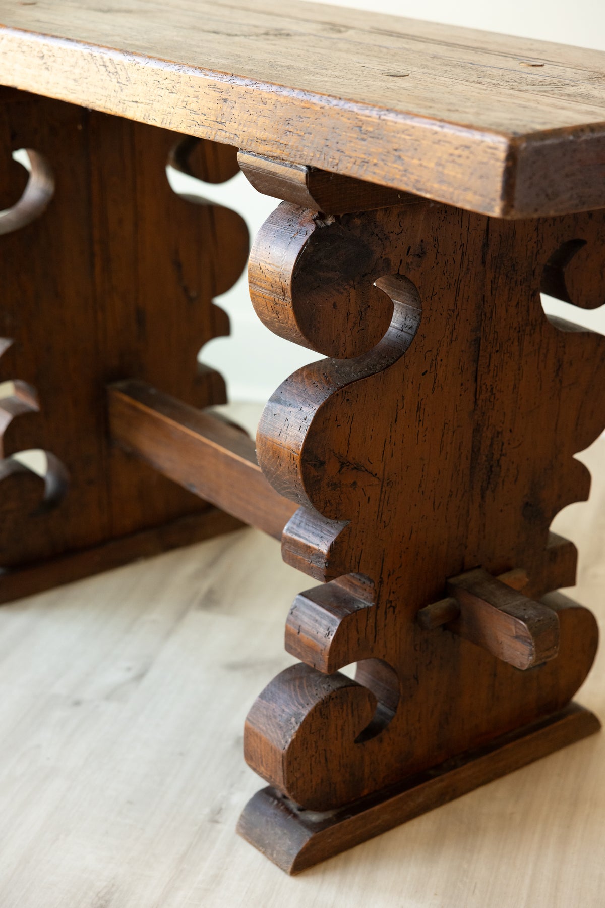 Antique Solid Wood Plank Top Carved Trestle Console Entry Table 47”