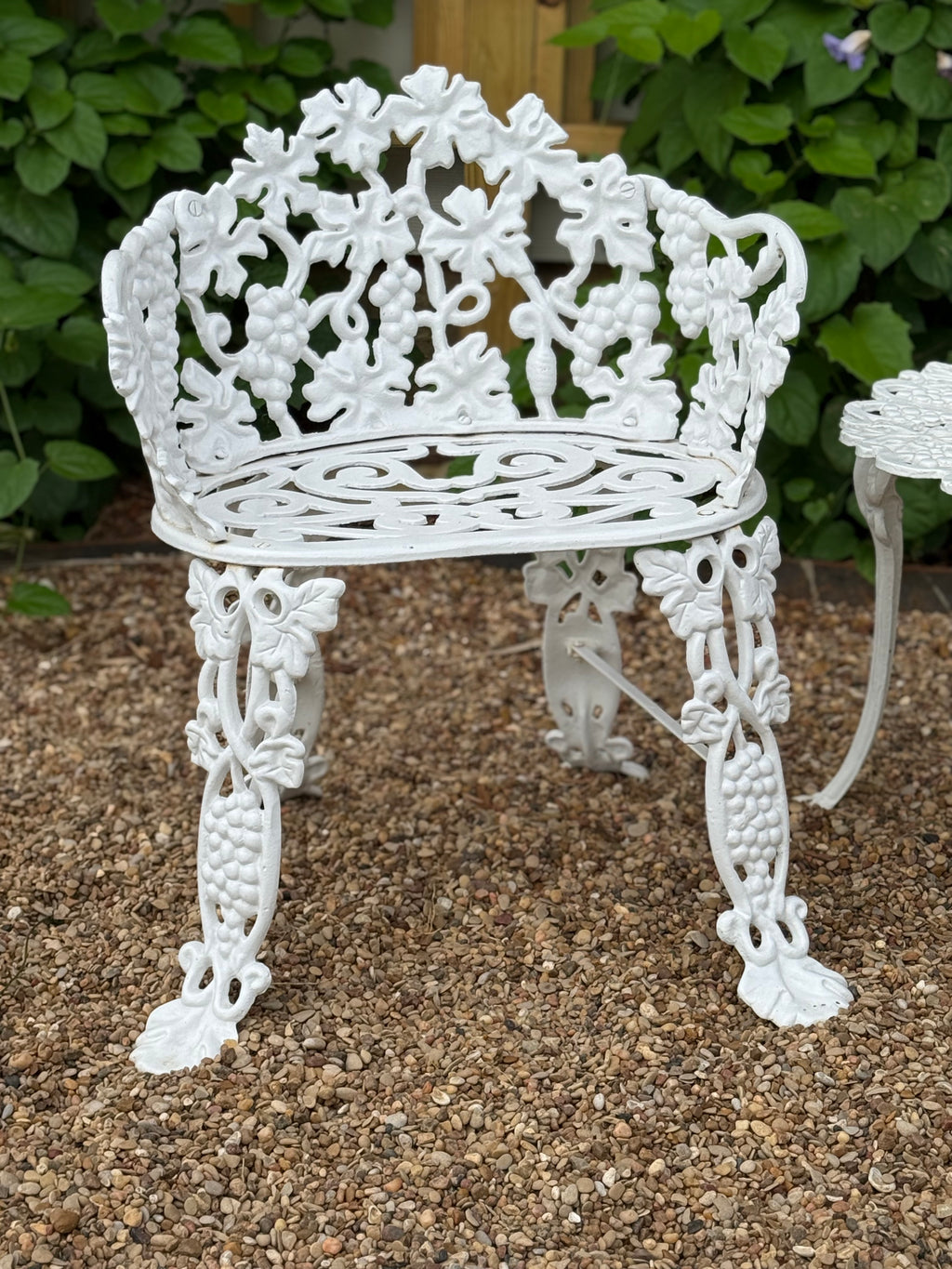 Antique Cast Iron Grapevine Bistro Set | Victorian Garden Table & Two Chairs | White Patio Furniture | French Country Outdoor Seating