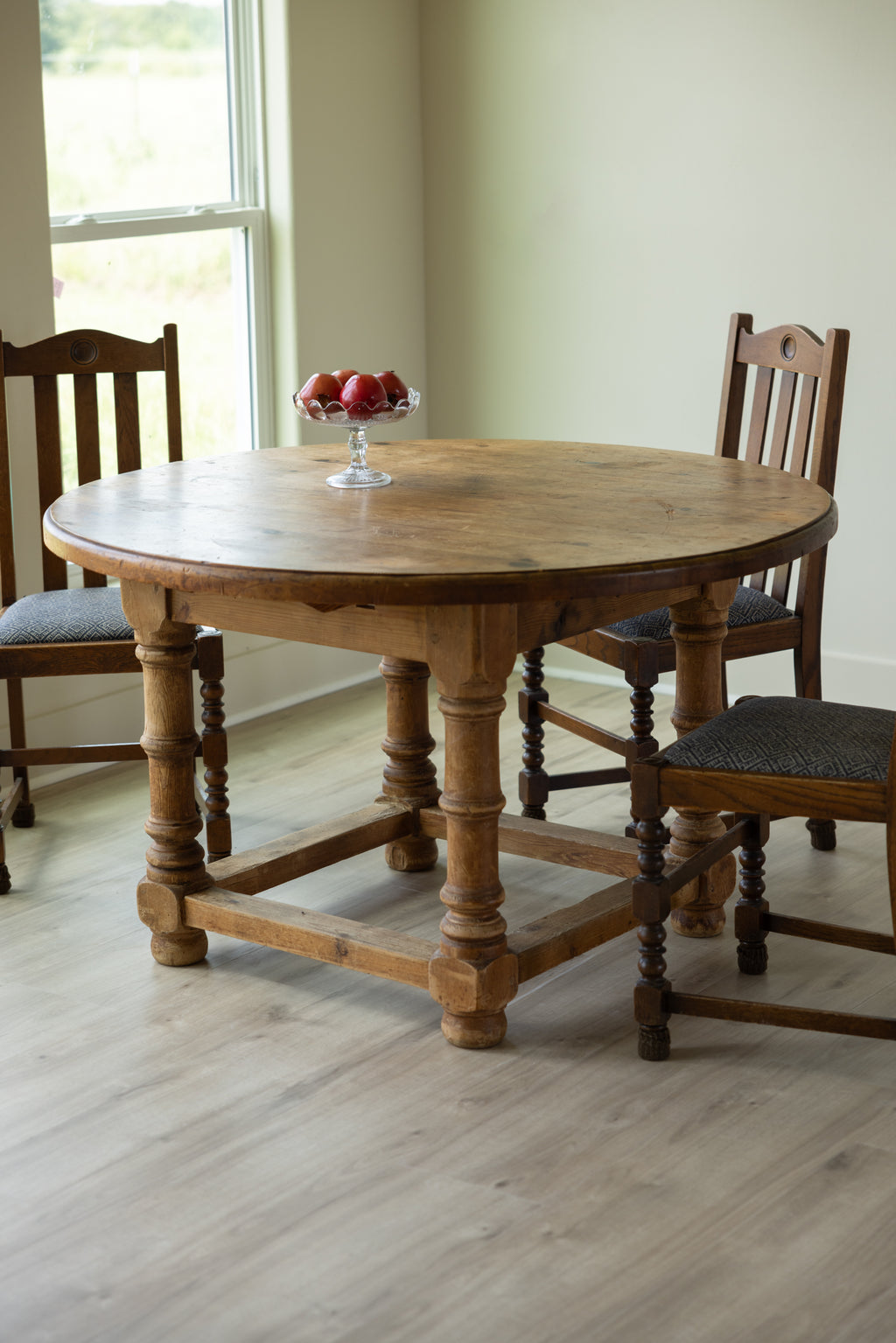 Antique English Pine Dining Table | 51” Round Farmhouse Kitchen Table | Rustic European Country Table