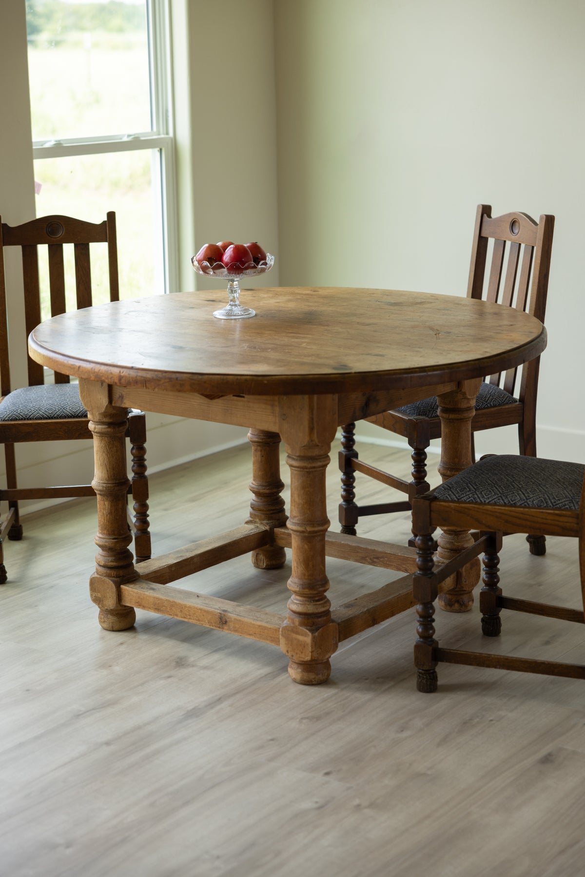 Antique English Pine Dining Table | 51” Round Farmhouse Kitchen Table | Rustic European Country Table
