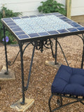 Vintage Blue & White Tile Top Bistro Set | Handcrafted Wrought Iron Patio Dining Set | 30” Square Table with 4 Scroll Chairs