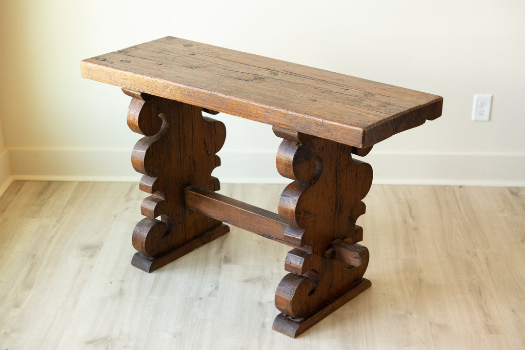 Antique Solid Wood Plank Top Carved Trestle Console Entry Table 47”