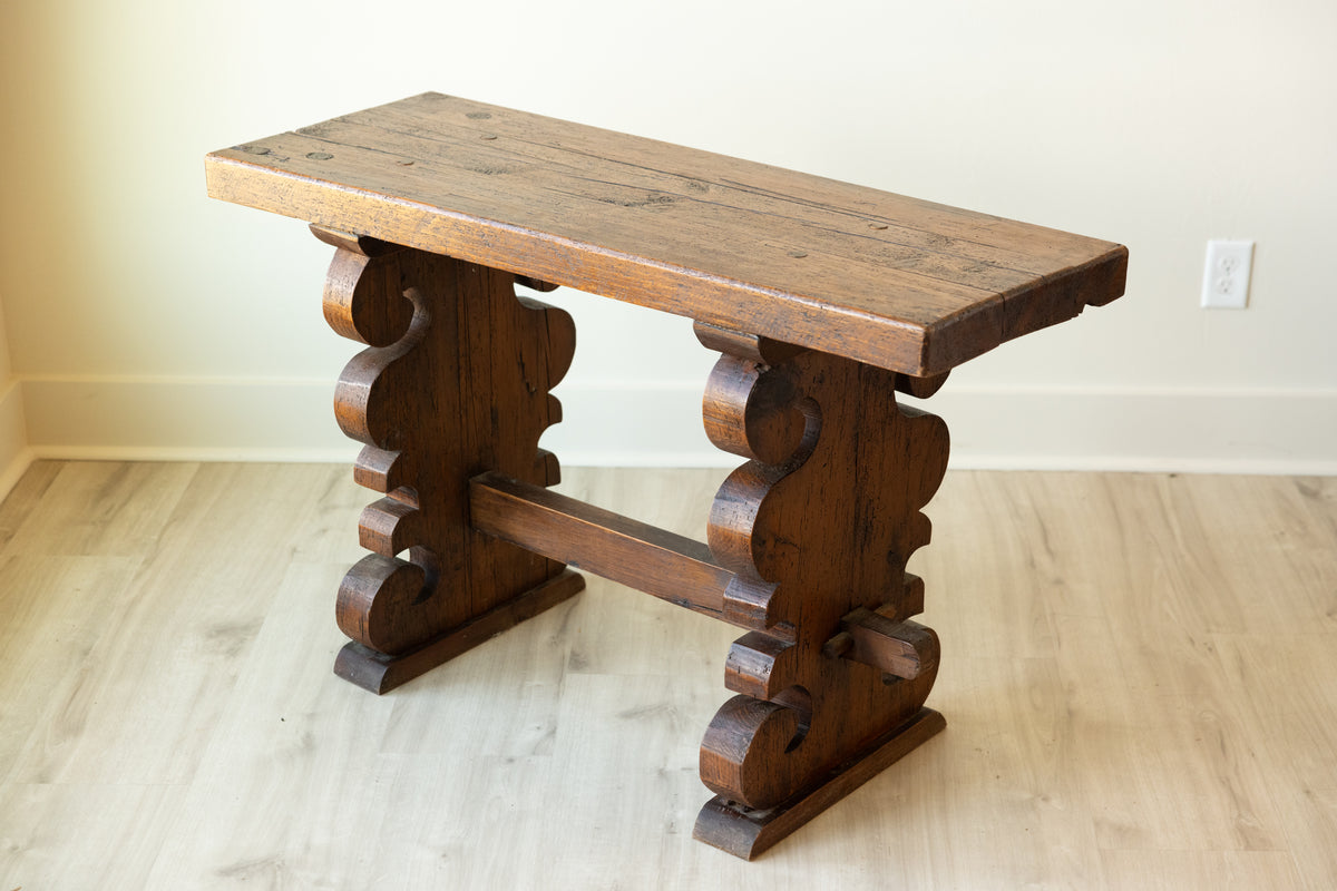 Antique Solid Wood Plank Top Carved Trestle Console Entry Table 47”
