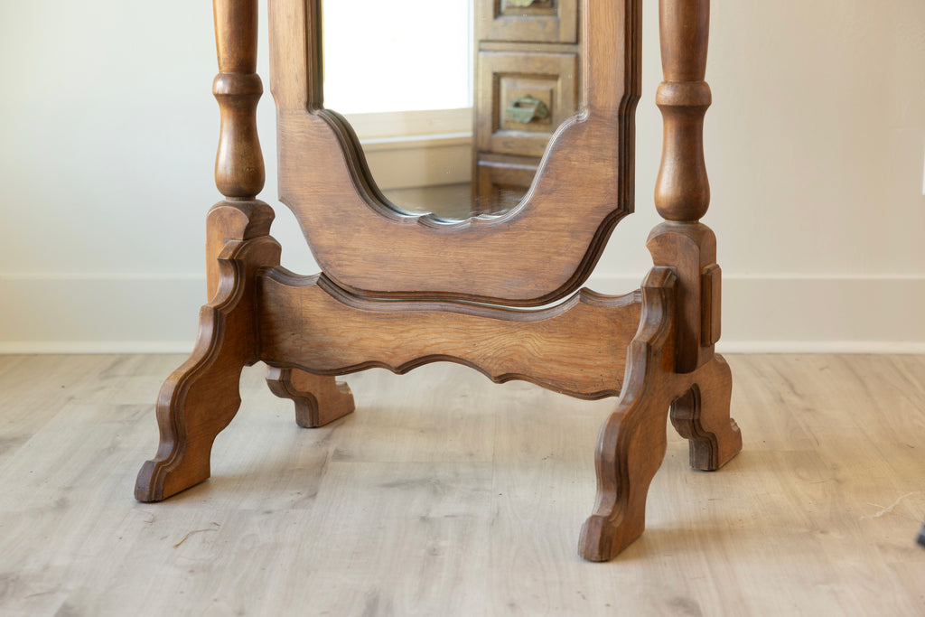 Vintage Wood Cheval Mirror with Scalloped Frame