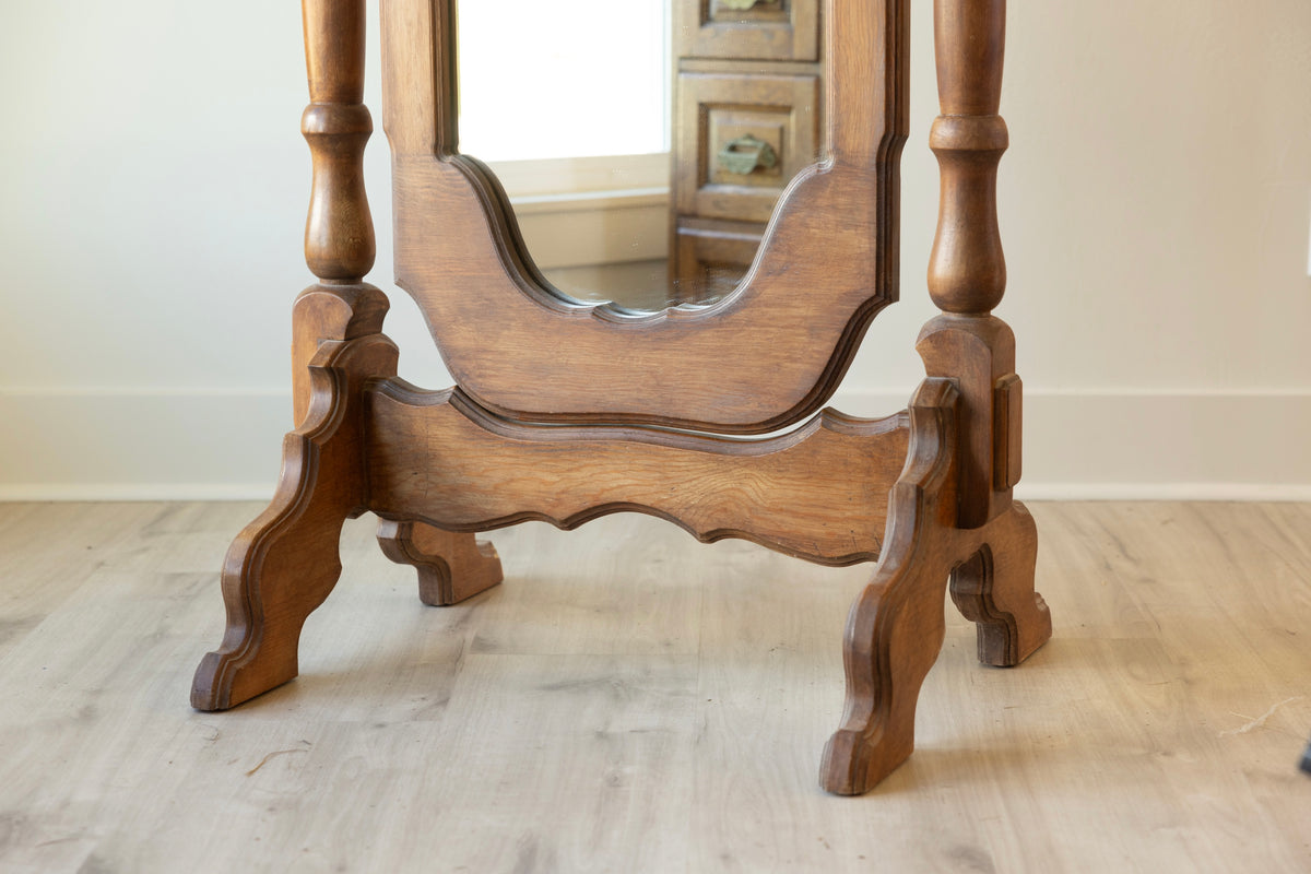 Vintage Wood Cheval Mirror with Scalloped Frame