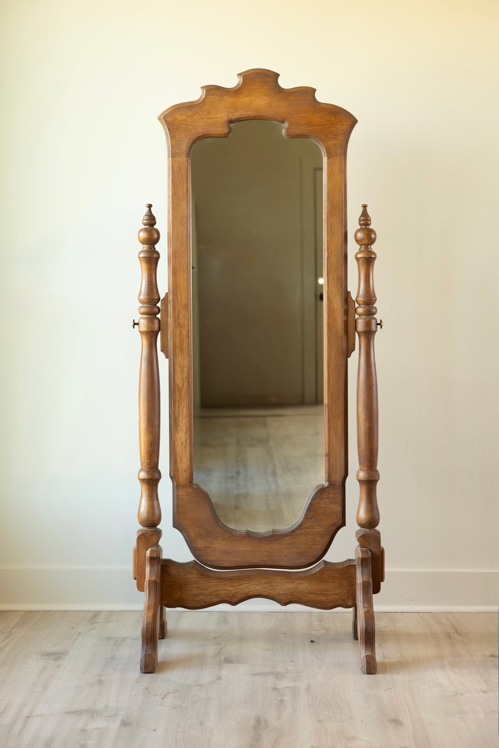 Vintage Wood Cheval Mirror with Scalloped Frame