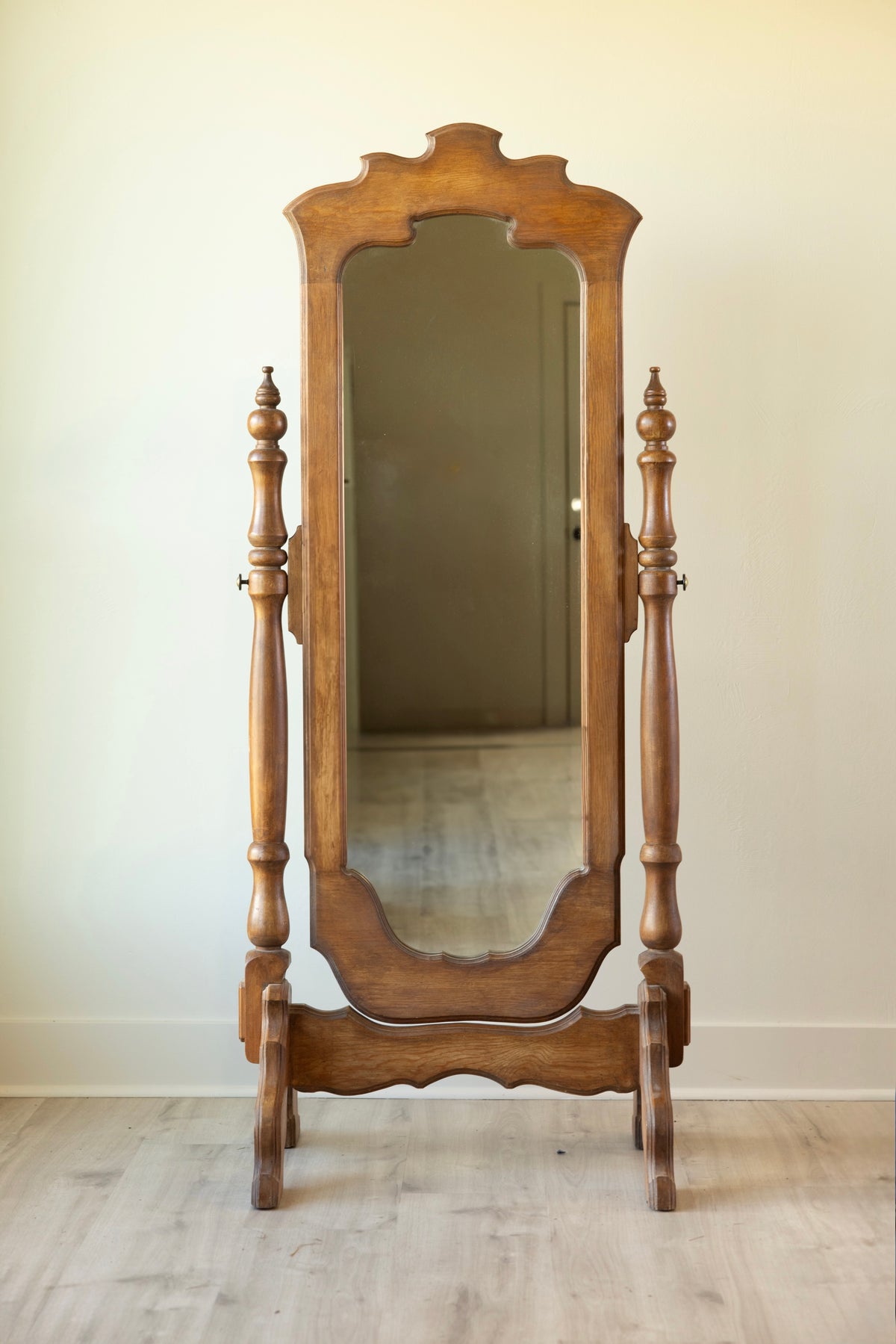 Vintage Wood Cheval Mirror with Scalloped Frame