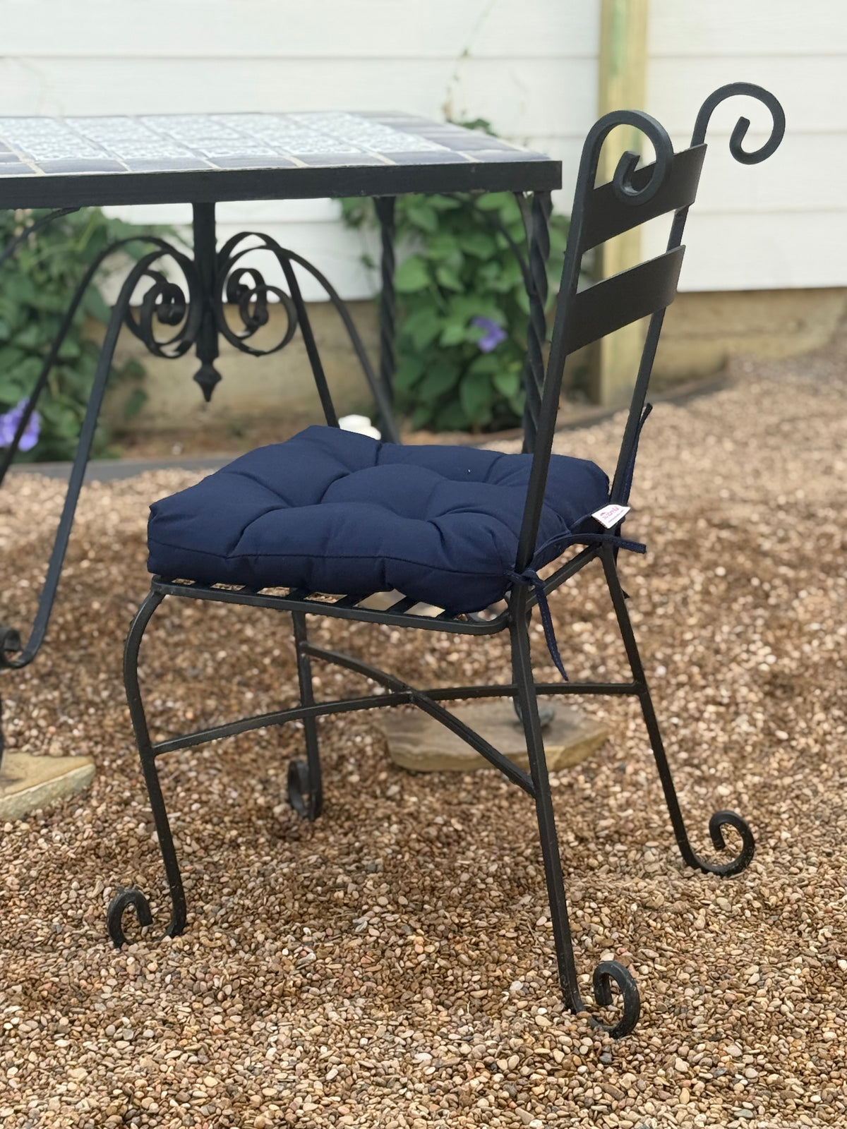 Vintage Blue & White Tile Top Bistro Set | Handcrafted Wrought Iron Patio Dining Set | 30” Square Table with 4 Scroll Chairs