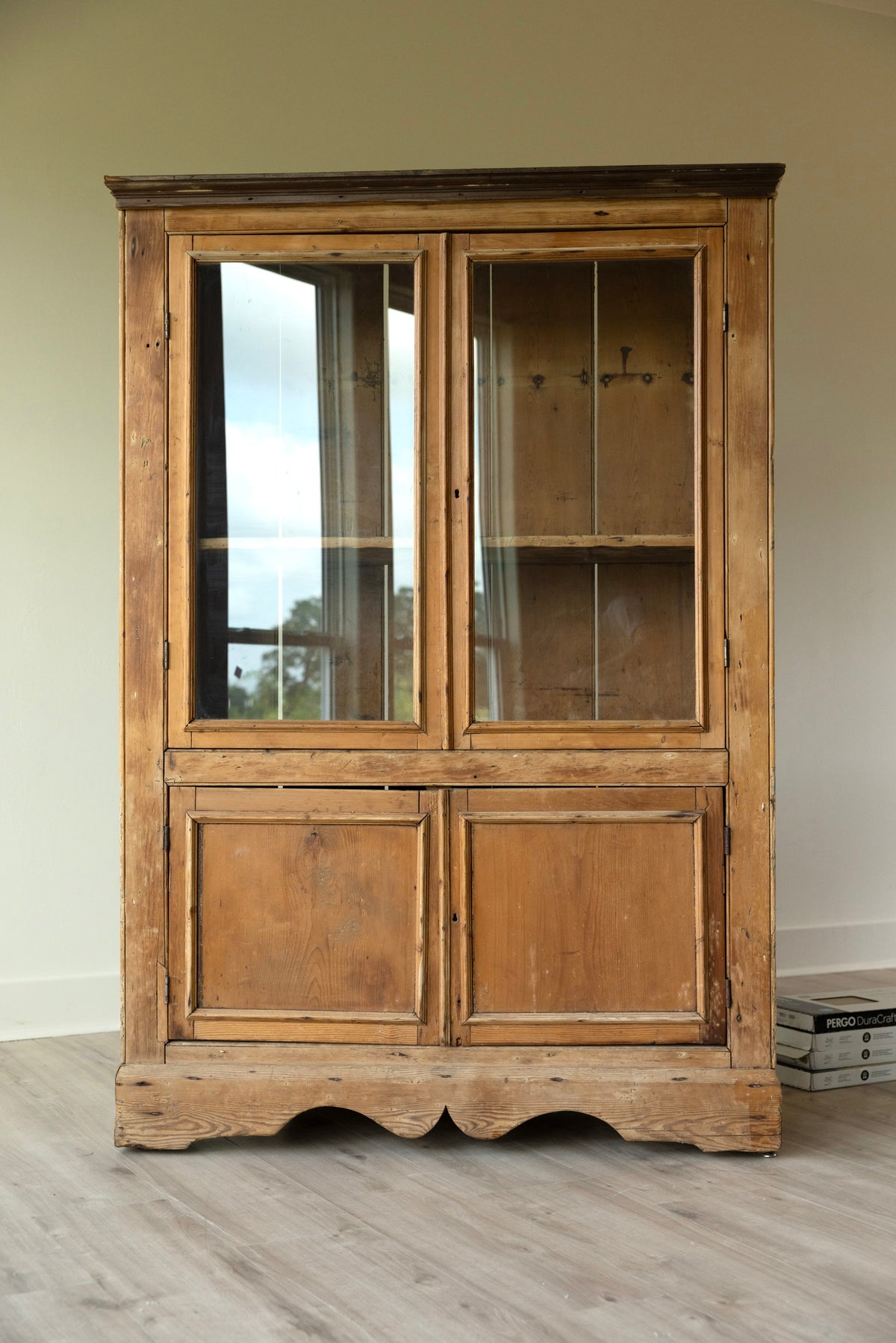 Early 19th Century Antique Pine Glazed Cupboard | European Farmhouse Display Cabinet | Primitive Pine Hutch
