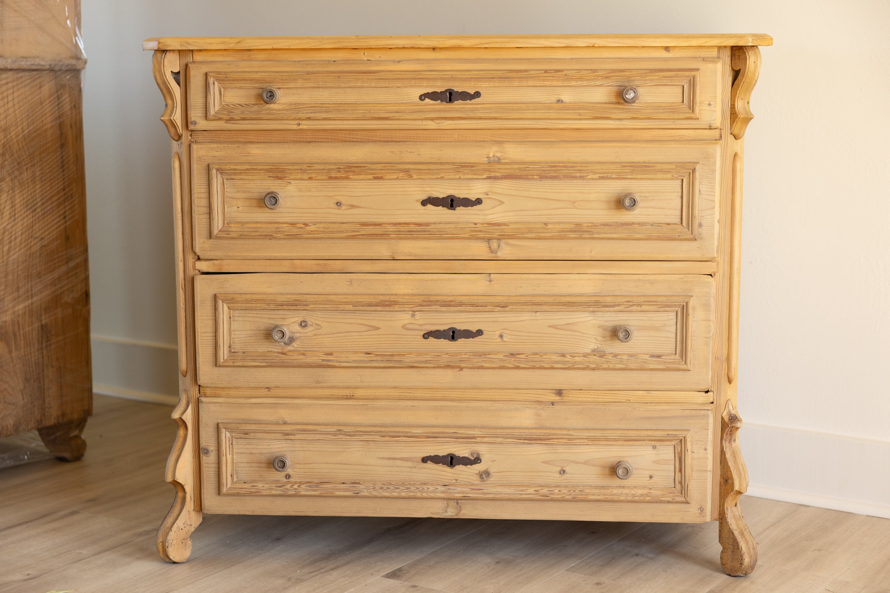 Antique European Pine Chest of Drawers | 19th Century Dresser | Raw Pine Four Drawer Chest | European Farmhouse Furniture