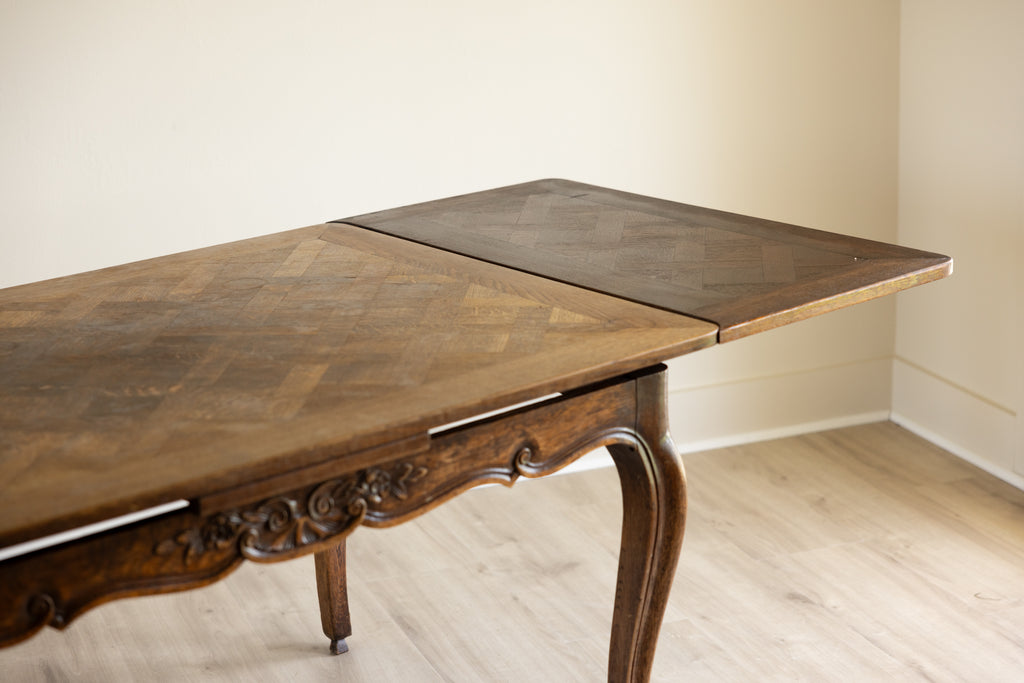 Antique French Provincial Draw Leaf Dining Table | Solid Oak Parquet Top | Louis XV Carved Extendable Farmhouse Table | Seats 4–8