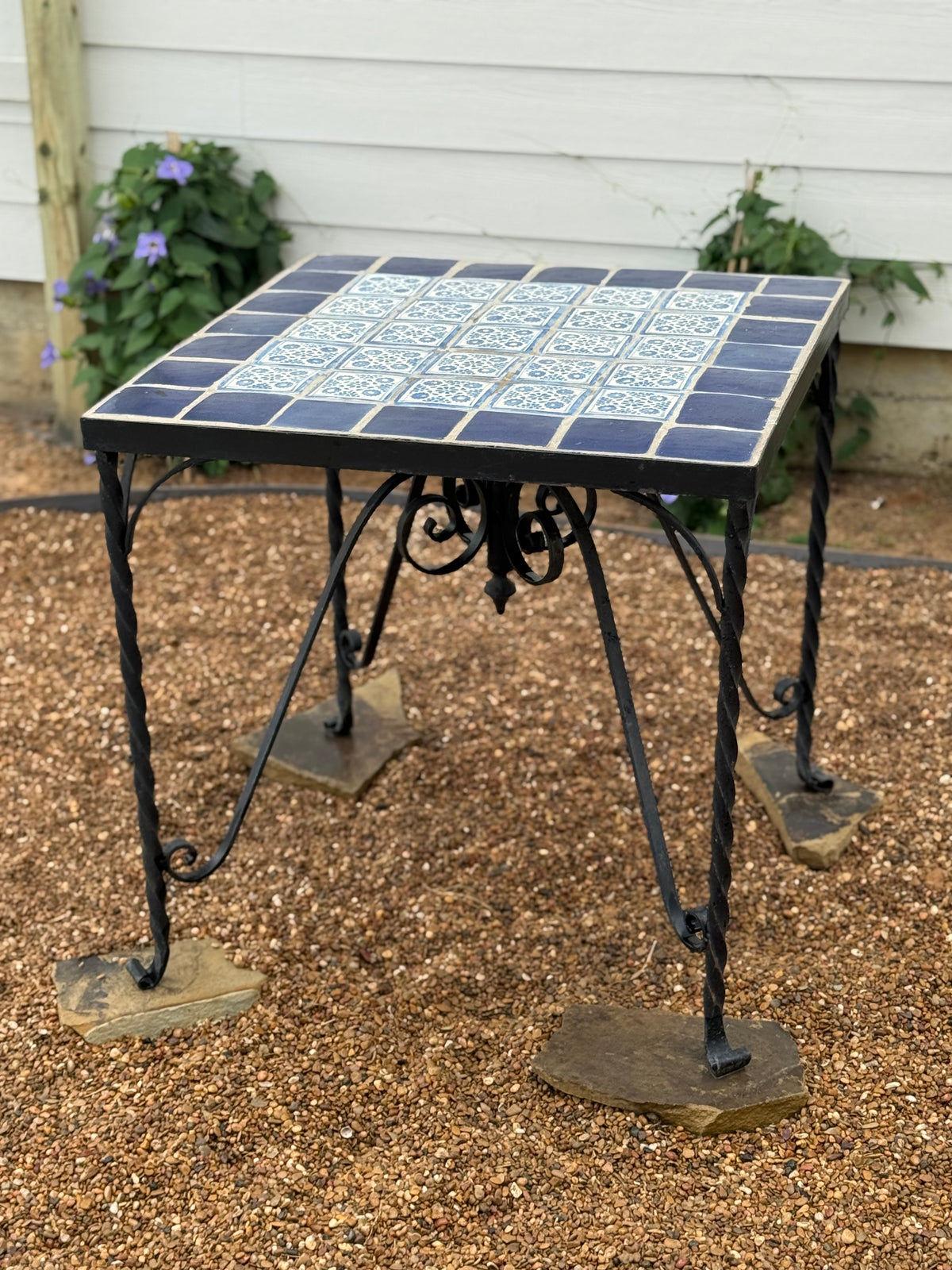 Vintage Blue & White Tile Top Bistro Set | Handcrafted Wrought Iron Patio Dining Set | 30” Square Table with 4 Scroll Chairs