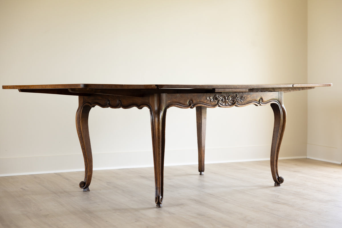 Antique French Provincial Draw Leaf Dining Table | Solid Oak Parquet Top | Louis XV Carved Extendable Farmhouse Table | Seats 4–8