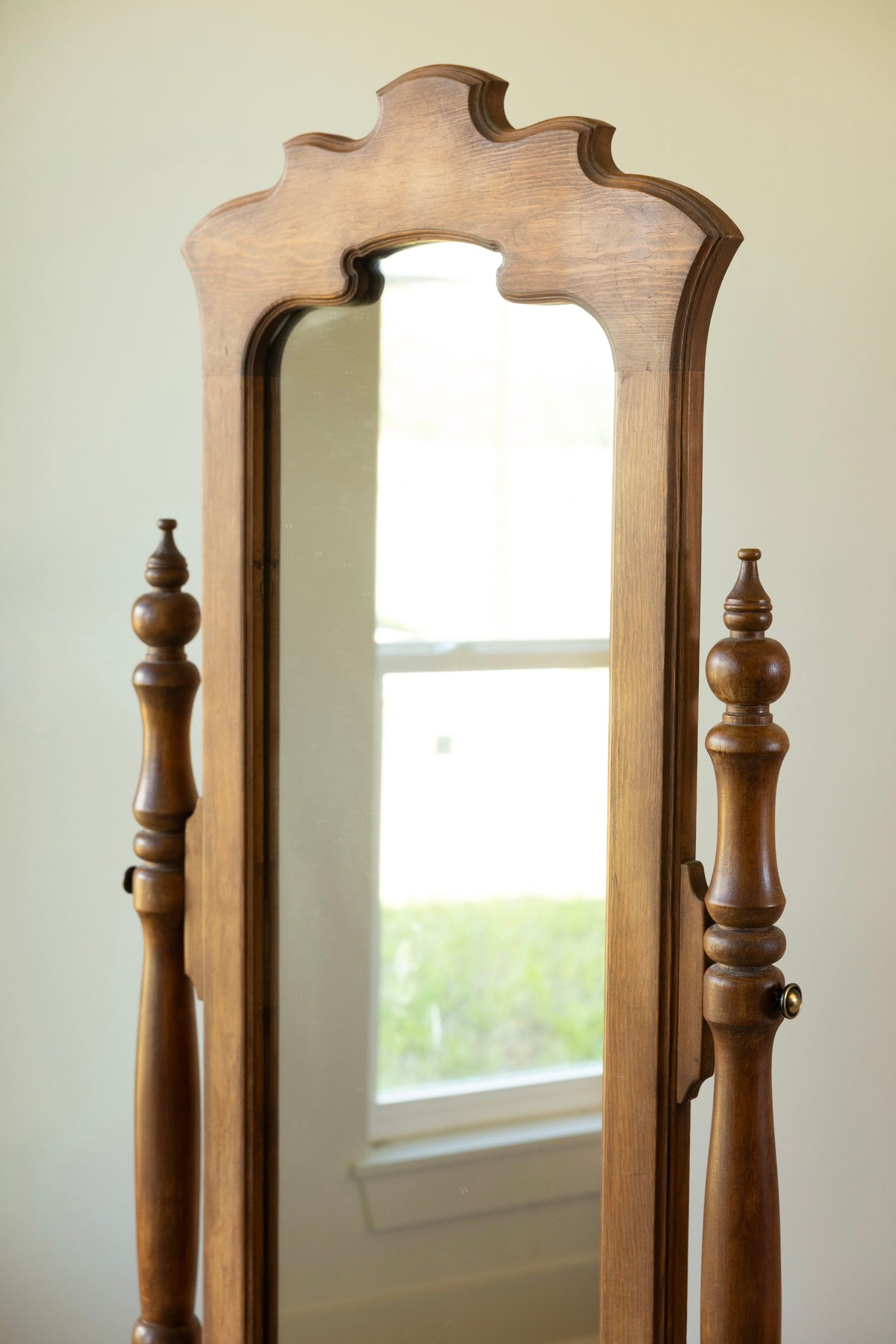 Vintage Wood Cheval Mirror with Scalloped Frame