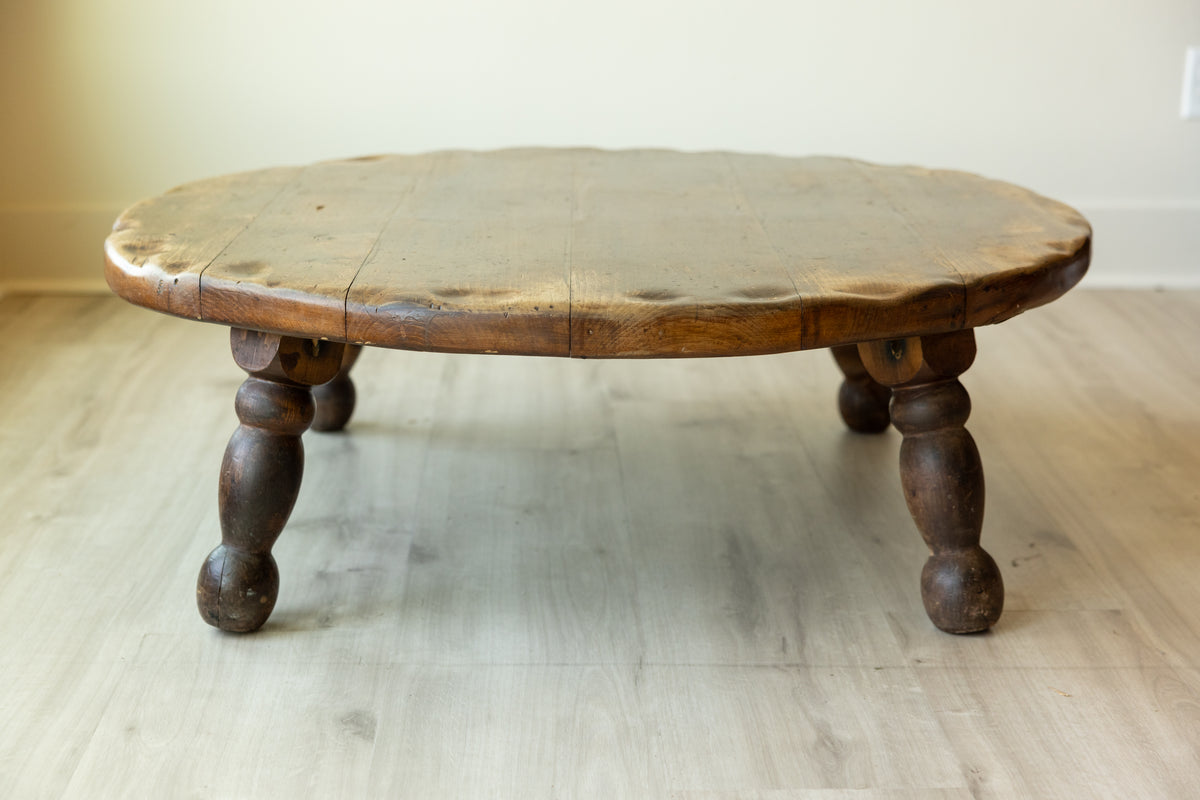 Antique Primitive Round Coffee Table | 42” Rustic Farmhouse Low Table | Hand Hewn Wood Table