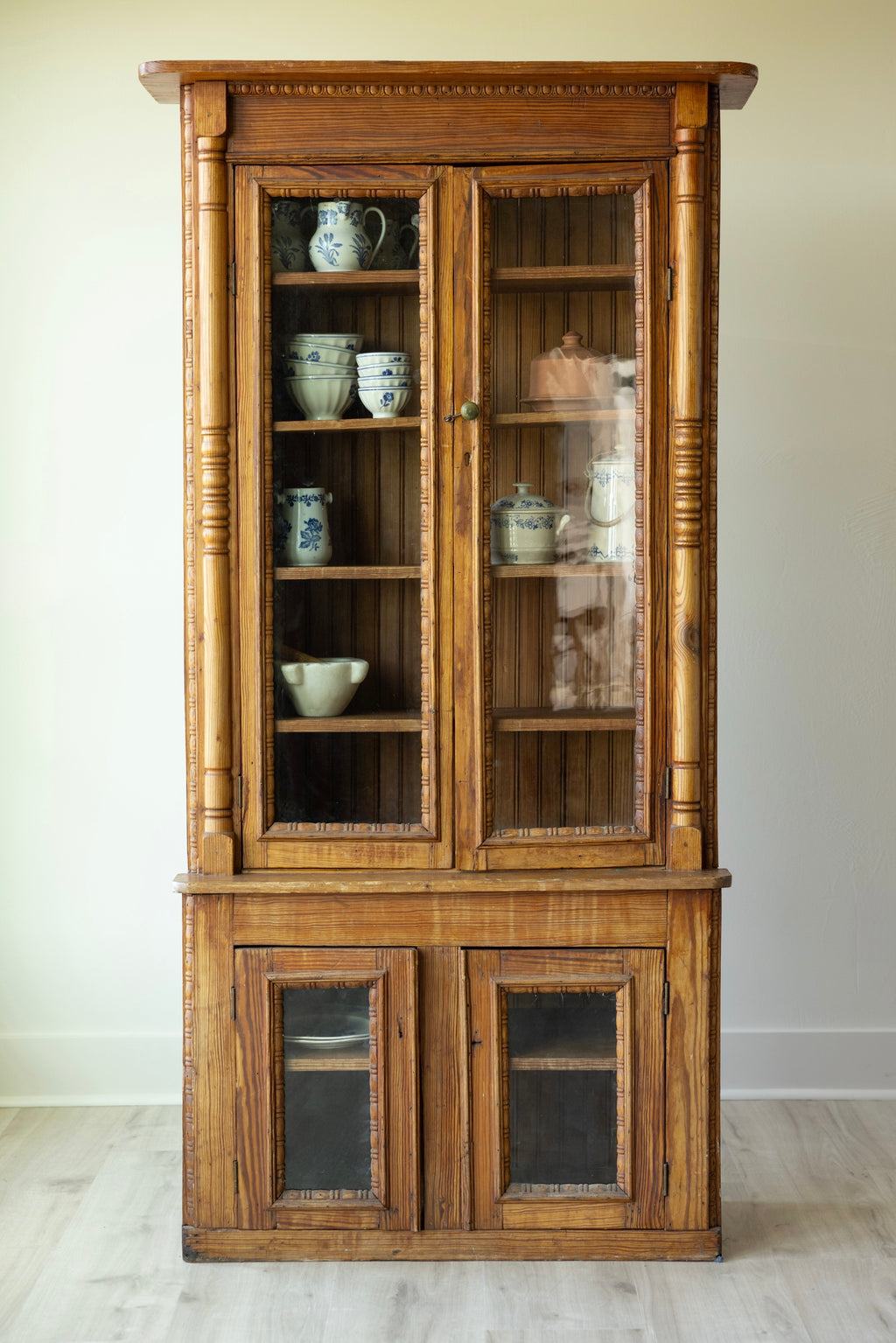 Antique Pine Glazed Display Cabinet | 19th Century Farmhouse Cupboard