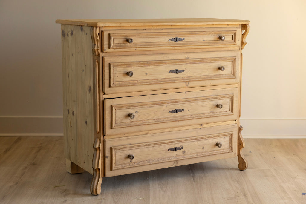 Antique European Pine Chest of Drawers | 19th Century Dresser | Raw Pine Four Drawer Chest | European Farmhouse Furniture