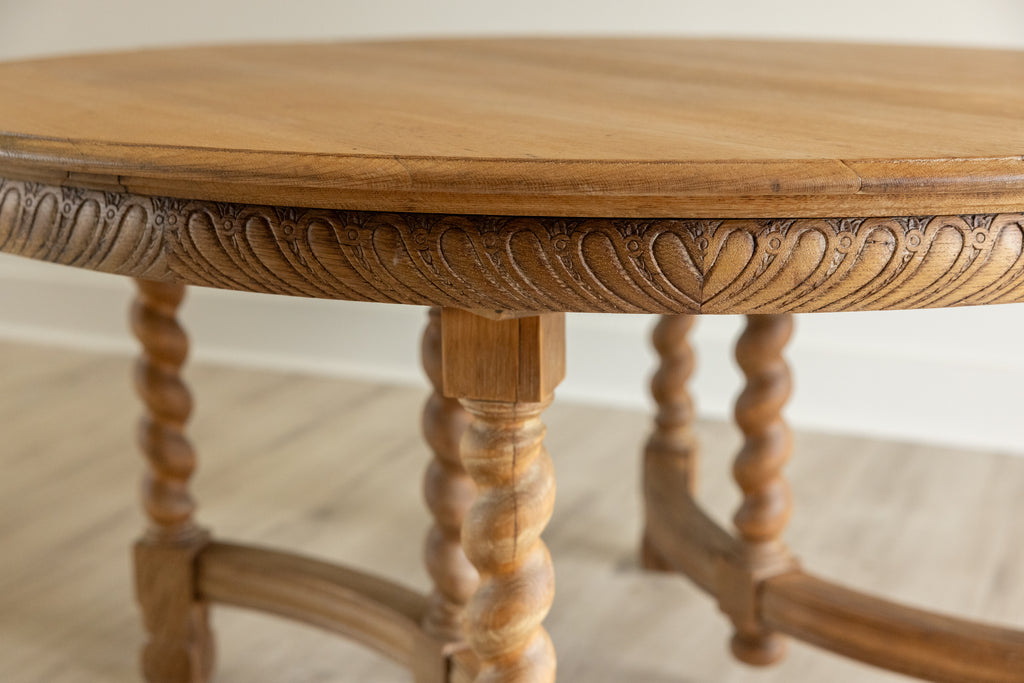 Antique Round Oak Dining Table | 54” Barley Twist Dining Table | Carved European Farmhouse Table